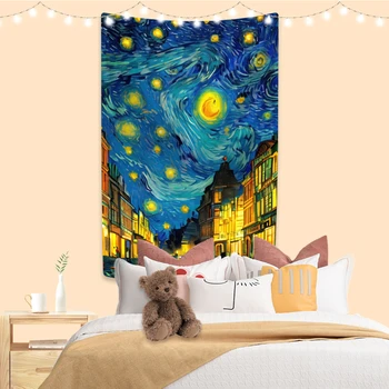 XxDeco, Знаменитый Гобелен с рисунком Ван Гога, Украшение ночной комнаты со Звездами и Луной, Настенный фон для общежития, Ткань, Пляжное одеяло