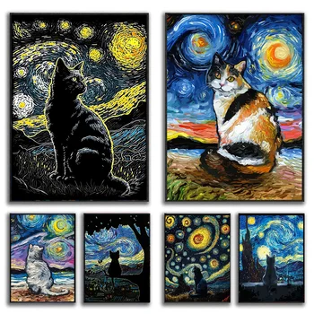 Звездная ночь, Черный кот, забавные художественные плакаты и принты, современные животные, Абстрактная картина маслом, печать на холсте, Картина для детской комнаты