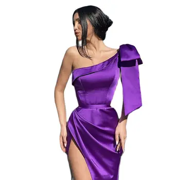 Новое Фиолетовое Атласное Вечернее платье на Одно плечо, Сексуальное Вечернее платье с Высоким Разрезом, Женские Платья для выпускного вечера с бантом, robes de soirée