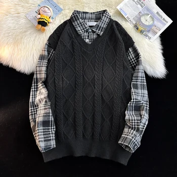 Осенне-зимний мужской свитер в стиле пэчворк, мужские пуловеры, вязаный свитер, теплый мужской джемпер, приталенный повседневный свитер D37