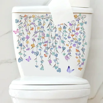 Наклейки на стену с цветочной лозой и бабочкой - Наклейки на унитаз для домашнего декора ванной комнаты, самоклеящиеся наклейки на стены