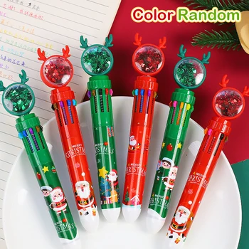 Рождественские блестки, десять цветов в одной шариковой ручке с мультяшным рисунком для студентов, рождественские маленькие подарки, подарки для детей, канцелярские принадлежности