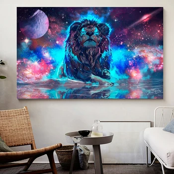 DDHH Большой Размер Цветная Планета Светящийся Лев Холст Картина Современное искусство изображения животных Настенный художественный плакат для гостиной