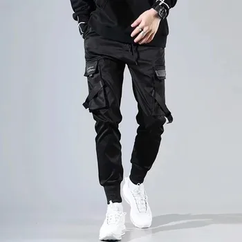 Спортивные брюки в стиле хип-хоп с карманами, мужские брюки харадзюку, ленты, шаровары для бега трусцой, мужские боевые тактические брюки-карго, уличная одежда
