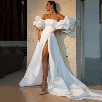 Белое простое вечернее платье Kadisua для женщин, элегантное, с разрезом, с открытыми плечами, длиной до пола, со шлейфом, атласное платье-футляр.