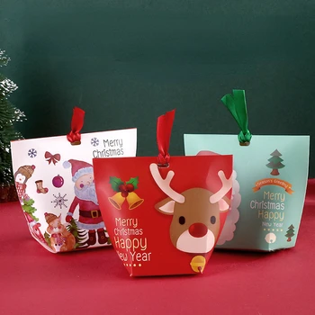 Рождественская подарочная коробка для конфет Треугольная конусообразная бумажная коробка с лентой Рождественская подарочная упаковка Санта Клаус Снеговик Рождественские украшения