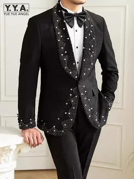 Винтажное мужское приталенное платье с бриллиантовой вышивкой, расшитое бисером, костюм, блейзер, куртка, брюки, комплект из двух предметов, деловые Мужские вечерние костюмы для банкета