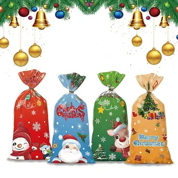 50шт мешочков для конфет с Санта-Клаусом и снеговиком, пластиковый подарочный пакет, с Рождеством 2024, домашний декор для рождественской новогодней вечеринки