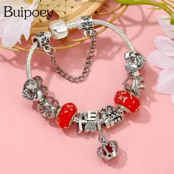 Buipoey НОВЫЕ браслеты с подвесками в виде хрустальной короны и сердца для женщин, красные светящиеся бусины, браслет серебряного цвета, мужские и женские свадебные украшения