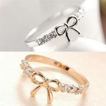 Простое кольцо с бантиком из хрусталя, ювелирные изделия для женщин, 1 шт. золотые серебряные кольца, ювелирные изделия, Корейские ювелирные изделия