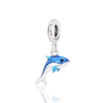 Шарм в виде морского дельфина из стерлингового серебра 925 пробы, Бусины с голубой эмалью, подходят к европейскому браслету и ожерелью, подарок на День рождения дочери