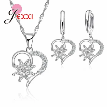 Уникальный дизайн, Простое ожерелье в форме сердца и цветка, Серьги, наборы ювелирных изделий из стерлингового серебра 925 пробы, женская бижутерия
