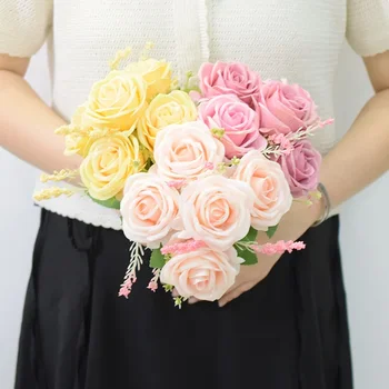 Букет роз с 5 головками, содержащий искусственный шелковый цветок, букет цветов для свадебной вечеринки своими руками, декор для стола в гостиной, искусственные цветы 1шт