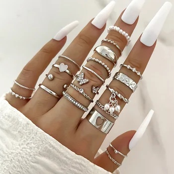 Новый набор колец с геометрическими костяшками пальцев для женщин, со стразами, с подвеской в виде бабочки в виде сердца, кольцо на палец, модные украшения для девочек, аксессуары
