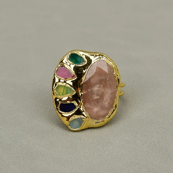 Регулируемое металлическое кольцо с камнем, Солнечные камни, Многоцветный Агат, Позолоченное кольцо, Регулируемый Набор подарков ручной работы для девочек