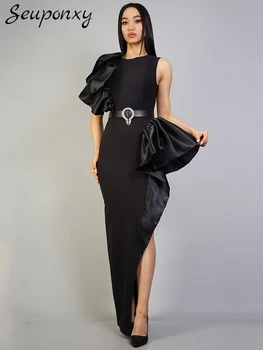 Высококачественное женское черное бандажное платье, сексуальное платье с круглым вырезом, короткий рукав, асимметричный подол с рюшами, элегантное клубное длинное платье для вечеринок, Vestidos