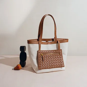 Женская холщовая сумка-тоут 2023, тканая сумка большой емкости через плечо, нишевая универсальная сумка из натуральной кожи с кошельком, женская