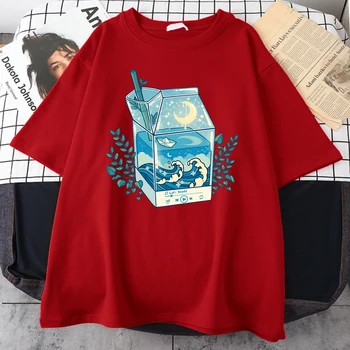 Футболки с принтом Milk Box Moonlight Waves, мужская удобная одежда оверсайз, винтажная уличная одежда из хлопка, футболки с рисунком Harajuku, мужские футболки