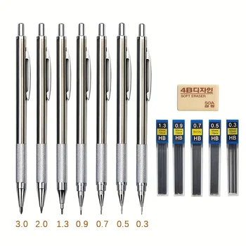 Набор металлических механических карандашей с сердцевиной и ластиком 0,3 0,5 0,7 0,9 1,3 2,0 мм, механические автоматические карандаши, художественная живопись, письмо