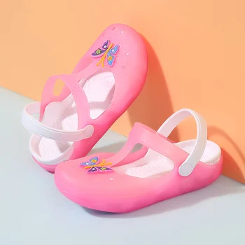 Светящиеся пляжные сандалии, тапочки для детей, детская принцесса, Милые домашние тапочки с бабочками, летняя обувь для ванной комнаты на толстой подошве