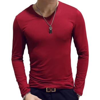 B9156 Мужская футболка с круглым вырезом и длинным рукавом, Однотонные футболки из молочного шелка, мужская одежда, универсальный Тонкий топ