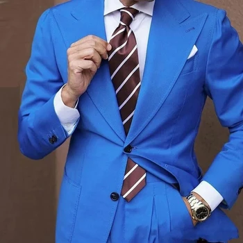 Элегантные мужские костюмы, однобортный узкий блейзер с остроконечным лацканом, синий жакет, брюки из 2 частей, официальный костюм для выпускного вечера, вечерняя вечеринка