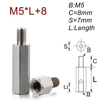 Разделительная прокладка из нержавеющей стали M5 * L + 8 с внутренней и наружной резьбой SUS304, разделительная шпилька с резьбой, шестигранная прокладка