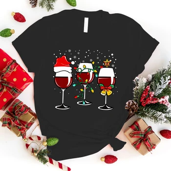 Модные футболки с принтом рождественского бокала для вина, женская футболка в стиле ретро, футболка с графическим изображением Рождественского бокала для вина, Женский повседневный топ