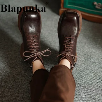 Blapunka/ Женские ботинки из натуральной кожи с большим квадратным носком на массивном блочном каблуке, мотоциклетные ботильоны в готическом стиле, женская обувь на шнуровке и молнии