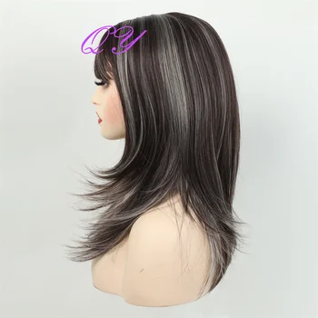 Синтетический парик для женщин Темно-коричневый Смешанный прямой парик средней длины с челкой, женская боковая часть, высококачественный парик из волос