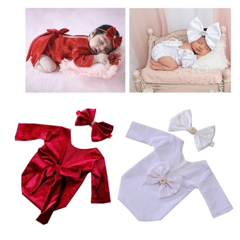 Реквизит для фотосъемки младенцев, комбинезон с длинным рукавом, головной убор с бантом, костюм для фотосессии, одежда для фотосессии, подарок для душа новорожденного, 2 шт.