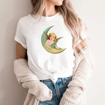 Женская футболка Angel Sit On The Moon с цветным принтом из 100% хлопка, христианская рубашка, забавный Летний повседневный топ с коротким рукавом, праздничная футболка