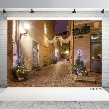 Ночная улица, гирлянды, указатель на здание, фотофон на Рождество, Виниловый фон для детской семейной фотосессии