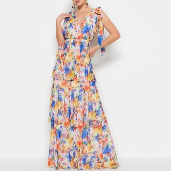 Сексуальное длинное платье с V-образным вырезом, без рукавов, с бантом на ремешке, женские модные плиссированные пляжные платья с цветочным принтом, новое богемное платье для отпуска 2024 года