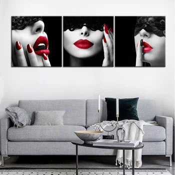 Печать на холсте, сексуальные красные губы, девушки, настенное искусство, современный 3 предмета, черный фон, красивый женский плакат для домашнего декора