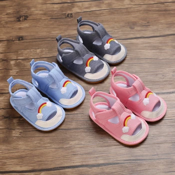 Весенне-летние дышащие сандалии для новорожденных 0-12 месяцев для мальчиков и девочек; детская обувь для ходьбы с радужной вышивкой Magic Tape