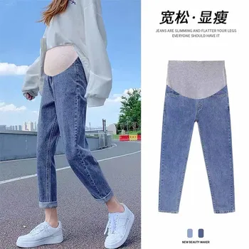 665 # Осенние модные джинсовые шаровары для беременных, свободные прямые брюки для живота, одежда для беременных, повседневная одежда для беременных