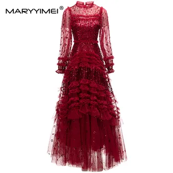 MARYYIMEI, модное дизайнерское весеннее женское бальное платье, сетчатое платье с пайетками и оборками, Тонкое элегантное вечернее платье Макси размера S-XXXL