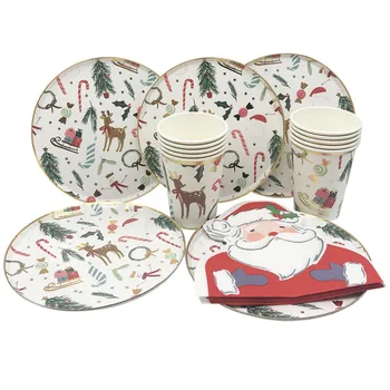 Рождественская вечеринка Одноразовая Посуда Лось Санта Клаус Бумажные Тарелки Чашки Салфетки Празднование Нового Года Принадлежности для Веселого Рождества