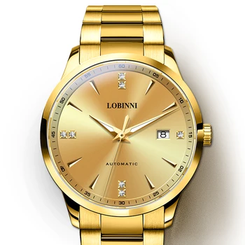 Мужские автоматические часы LOBINNI 41,3 мм, роскошные Золотые механические наручные часы с сапфировой подсветкой даты