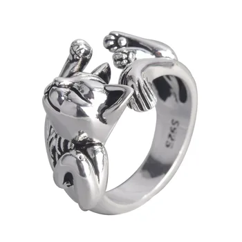 Винтажное Серебряное кольцо со спящим котом Для мужчин и женщин, Регулируемые украшения для вечеринок в стиле панк-хип-хоп