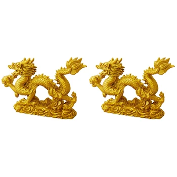 2X Китайский Зодиакальный Золотой Дракон Статуя Животного Украшение Дома