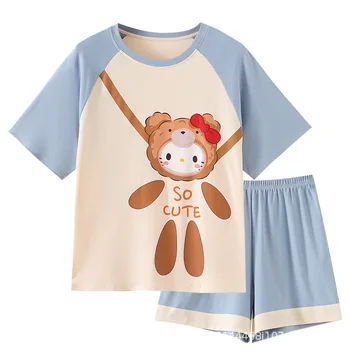 Пижама Kawaii Hello Kitty, женская летняя футболка, Шорты, 2022 Новый Летний Милый мультяшный комплект домашней одежды из чесаного хлопка, подарок на день рождения
