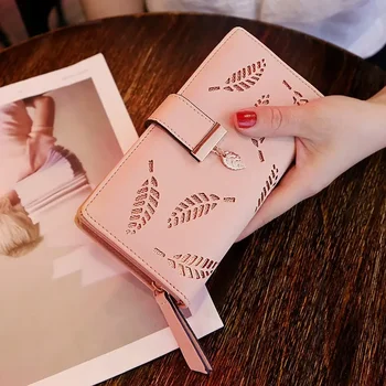 Новый модный кошелек из искусственной кожи, женский длинный кошелек с золотыми полыми листьями, сумка для женщин, кошелек для монет, держатели карт, клатч