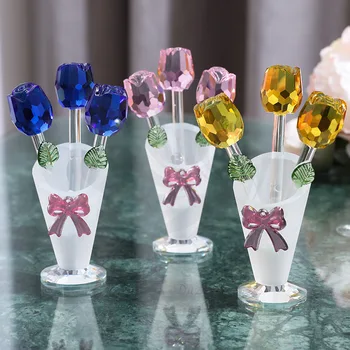 Хрустальная ваза, украшенная тремя маленькими розами, Стеклянный подсвечник, цветочные украшения, Статуэтка для рабочего стола, свадебный декор