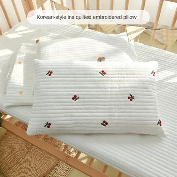 Детские хлопчатобумажные подушки с вышитыми мишками и вишнями, подушка и наволочка, впитывающие пот и дышащие детские постельные принадлежности