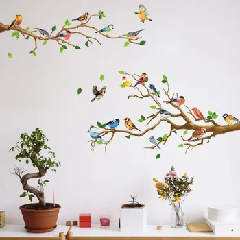 Китайский стиль Винтажная Наклейка с Птицей Гостиная Диван Декор стен Наклейки Настенное искусство 3D Ветка дерева Зеленые Листья Стикеры 2024