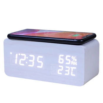 Цифровой будильник, будильник о температуре и влажности, светодиодные электронные часы, беспроводное зарядное устройство для смартфона (белый)