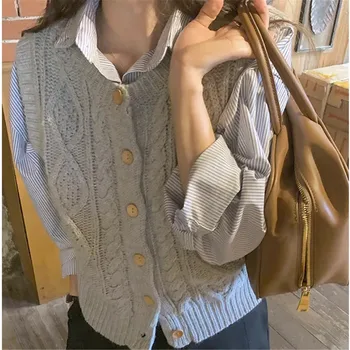 Корейский Серый свитер-жилет, Женская мода 2024 года, вязаный свитер с круглым вырезом, Женский осенне-зимний вязаный джемпер на пуговицах, женский