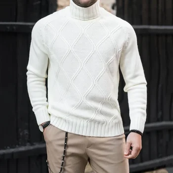 2023 Осень Зима Новый мужской свитер с высоким воротом, однотонный приталенный вязаный пуловер, повседневная мода